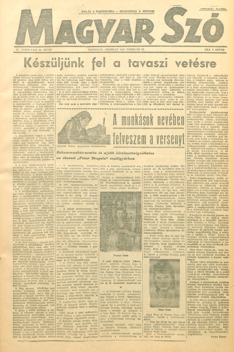 Magyar Szó, 4. évf. 1947. február 22. 44. sz. 1–6. oldal