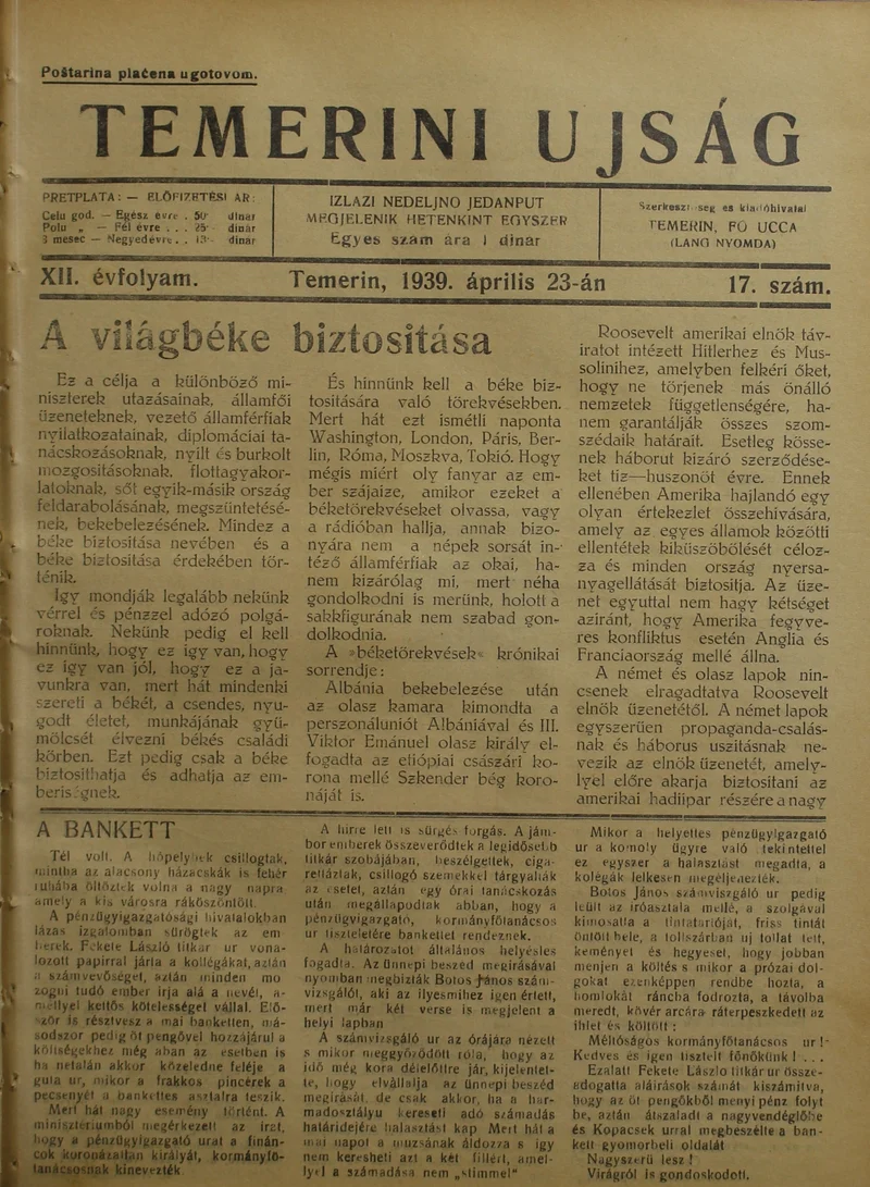 Temerini Újság 1928-1944, 12. évf. 1939. április 23. 17. sz.