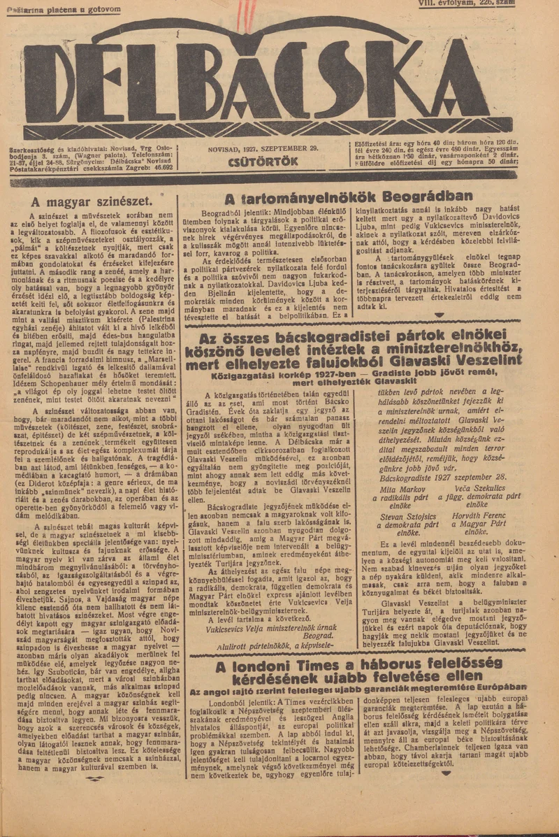Délbácska, 8. évf. 1927. szeptember 29. 226. sz.