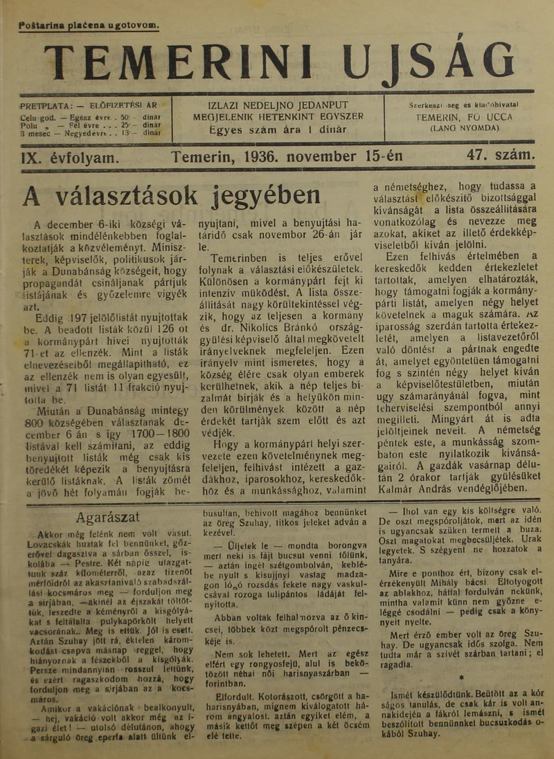 Temerini Újság 1928-1944, 9. évf. 1936. november 15. 47. sz.