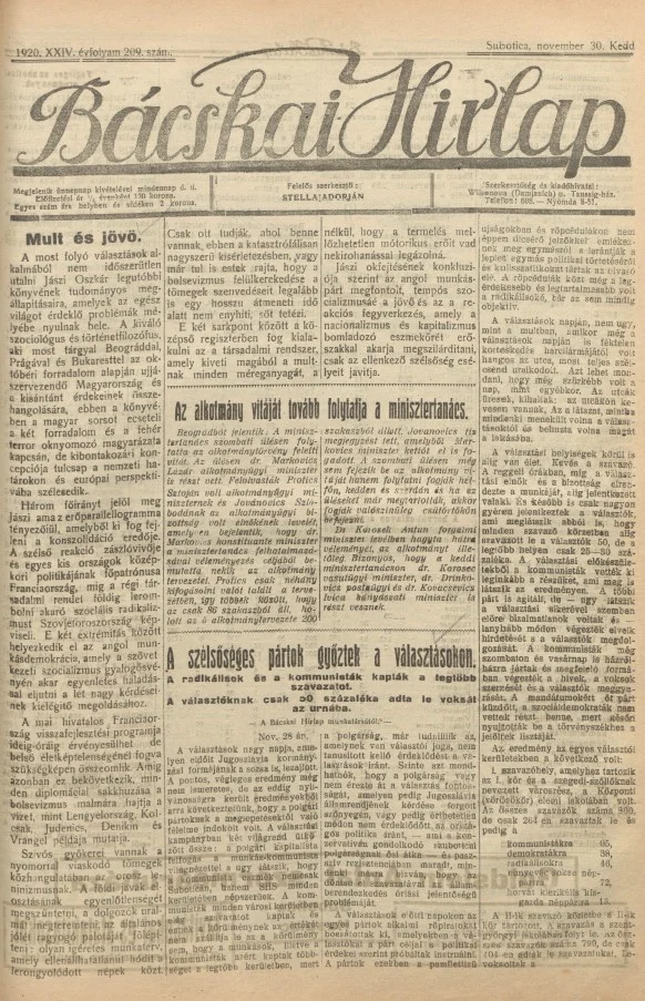 Bácskai Hirlap, 24. évf. 1920. november 30. 209. sz.