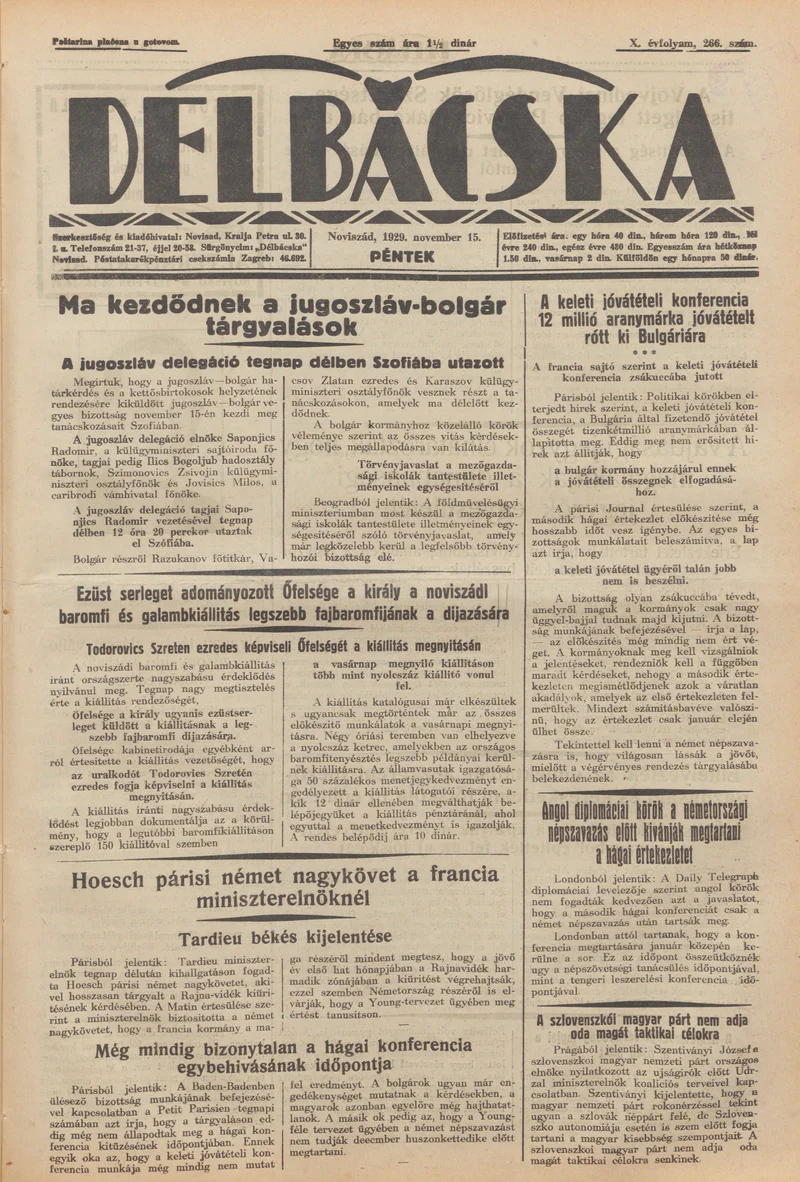 Délbácska, 10. évf. 1929. november 15. 266. sz.