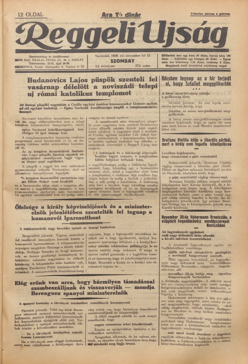 Reggeli Újság, 11. évf. 1930. november 22. 274. sz.