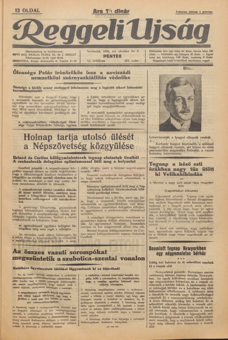 Reggeli Újság, 11. évf. 1930. október 3. 231. sz.