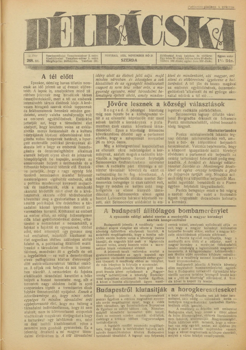 Délbácska, 4. évf. 1923. november 21. 268. sz.