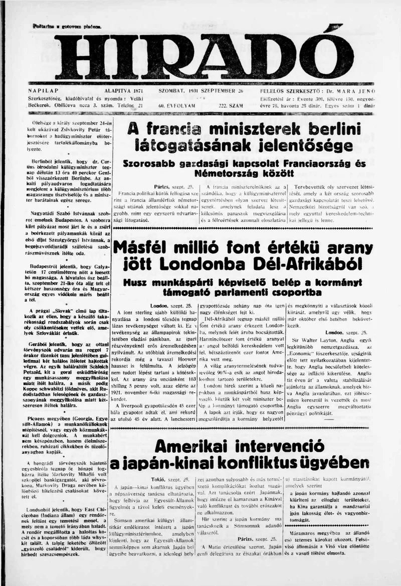 Híradó, 60. évf. 1931. szeptember 26. 222. sz.