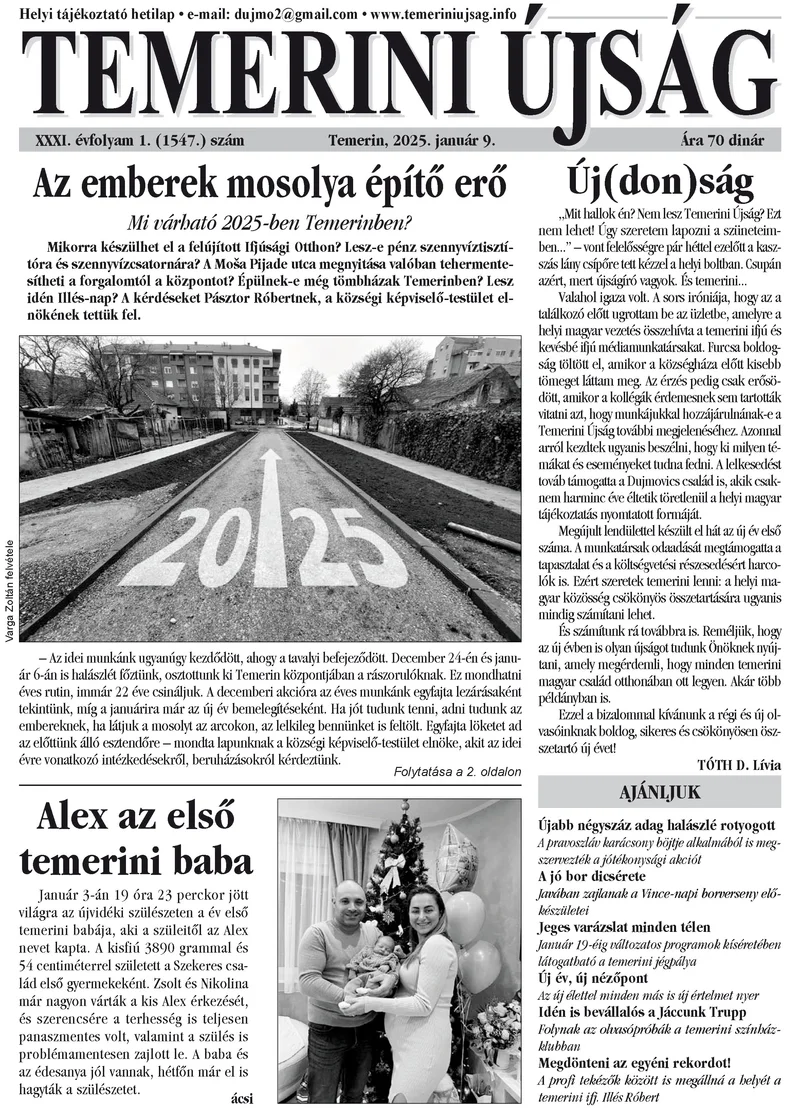 Temerini Újság, 31. évf. 2025. január 9. 1. sz.