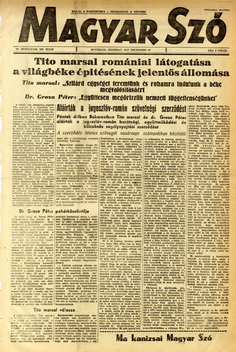 Magyar Szó, 4. évf. 1947. december 20. 309. sz. 1–8. oldal