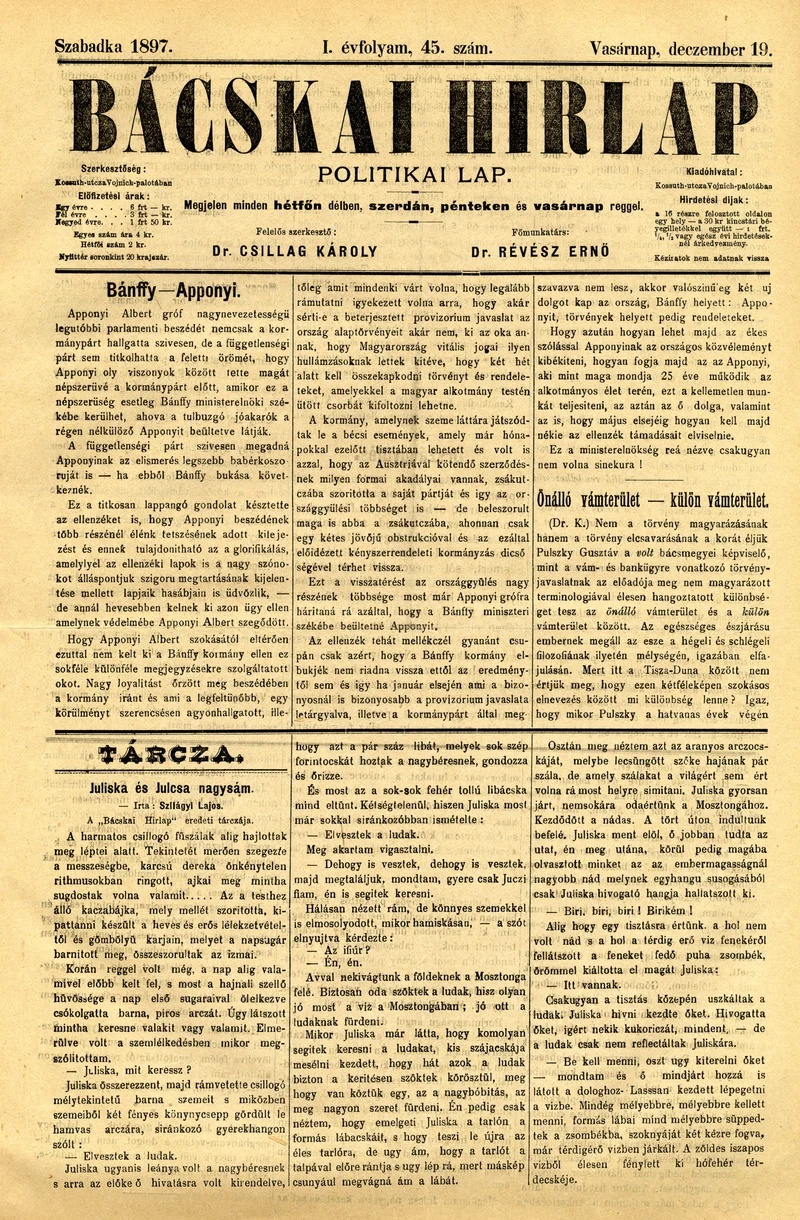 Bácskai Hirlap, 1. évf. 1897. december 19. 45. sz. 1–4. oldal
