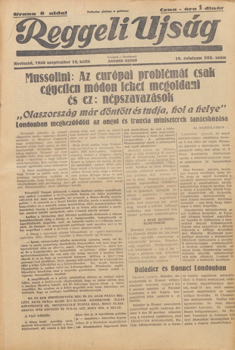 Reggeli Újság, 19. évf. 1938. szeptember 19. 255. sz.