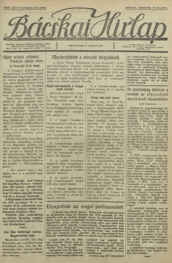 Bácskai Hirlap, 24. évf. 1920. augusztus 21. 131. sz.