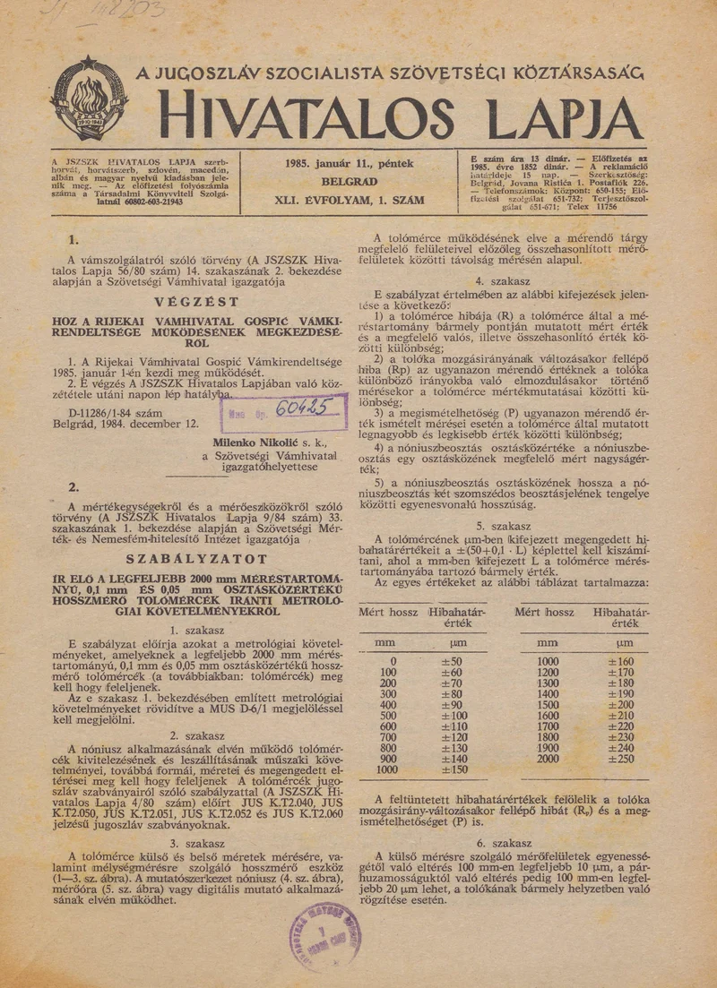 A Jugoszláv Szocialista Szövetségi Köztársaság Hivatalos Lapja, 41. évf. 1985. január 11. 1. sz. 1–12. oldal