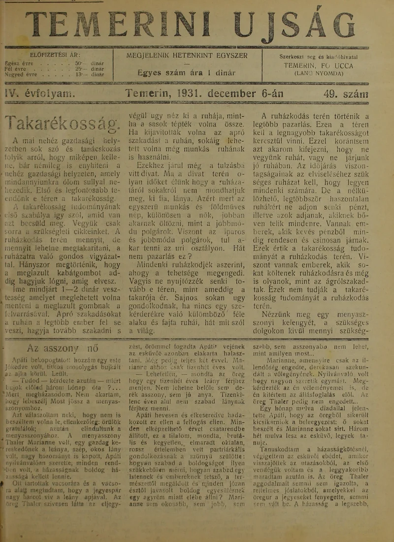 Temerini Újság 1928-1944, 4. évf. 1931. december 6. 49. sz.