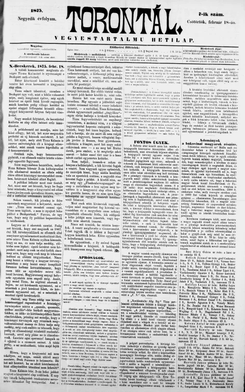 Torontál, 4. évf. 1875. február 18. 7. sz.