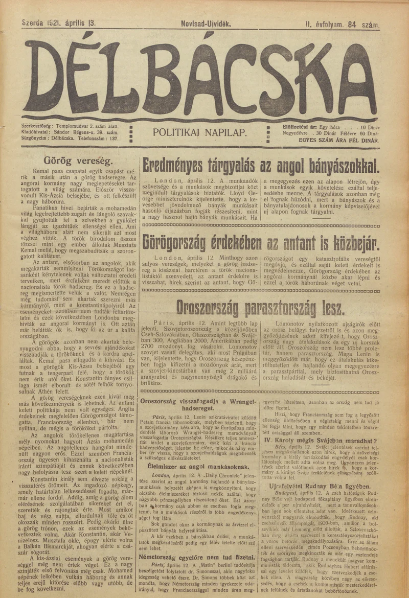 Délbácska, 2. évf. 1921. április 13. 84. sz.