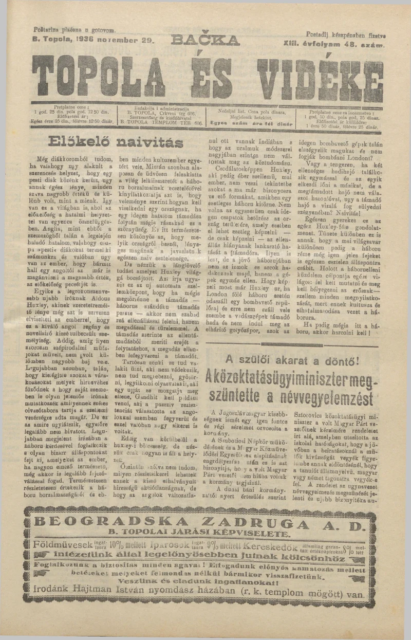 Bačka Topola és Vidéke, 13. évf. 1936. november 29. 48. sz.