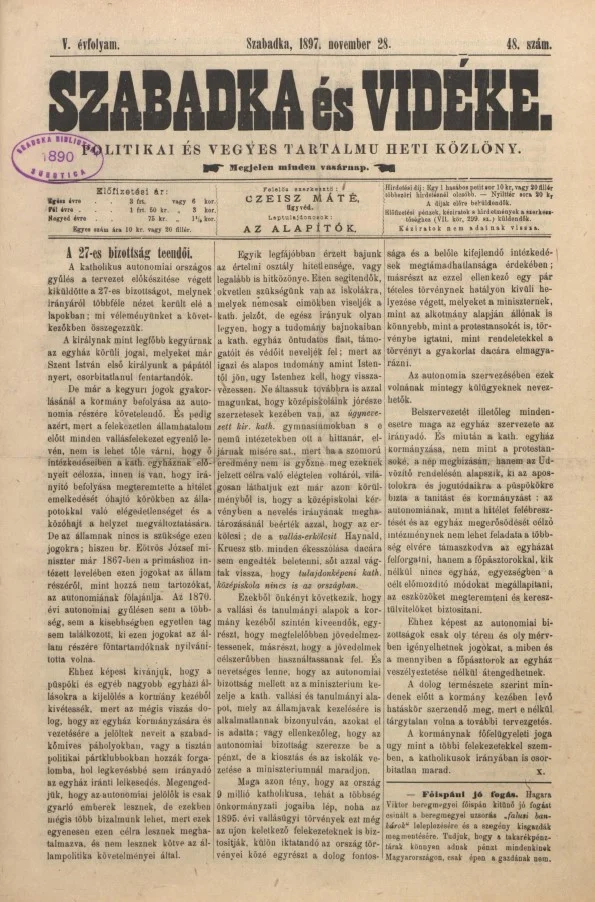 Szabadka és vidéke II, 5. évf. 1897. november 28. 48. sz.