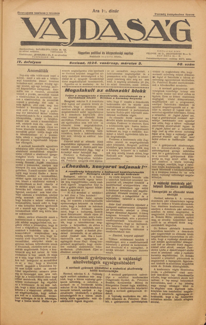 Vajdaság, 4. évf. 1924. március 9. 58. sz.