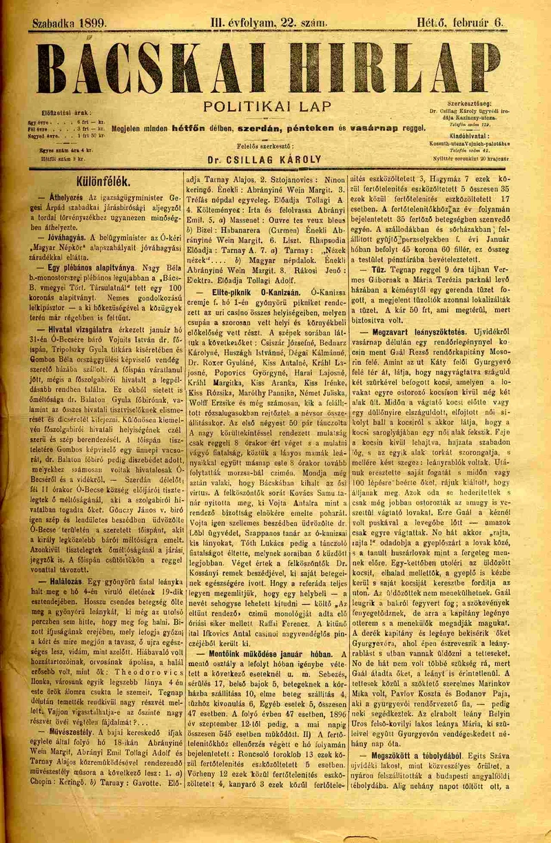 Bácskai Hirlap, 3. évf. 1899. február 6. 22. sz.