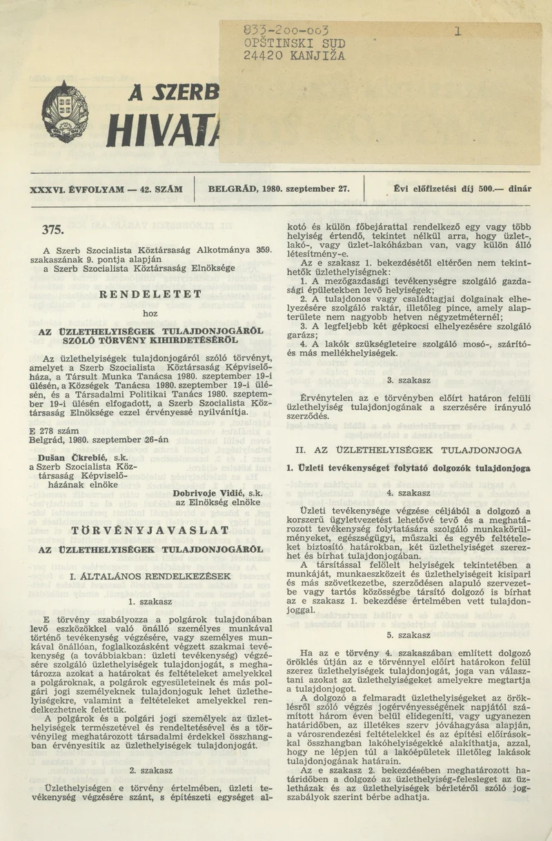 A Szerb Szocialista Köztársaság Hivatalos Közlönye, 36. évf. 1980. szeptember 27. 42. sz.