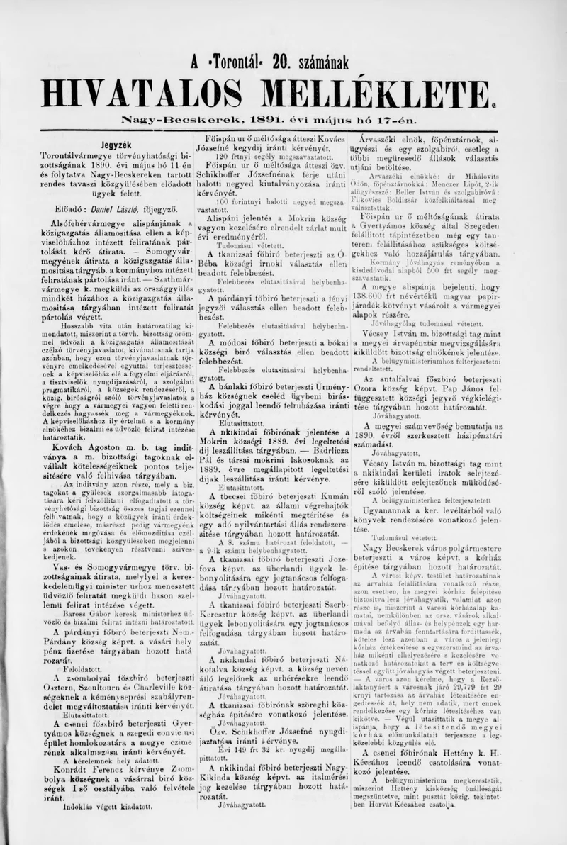 A Totontál  hivatalos melléklete, 4. évf. 1891. május 17. 20. sz.