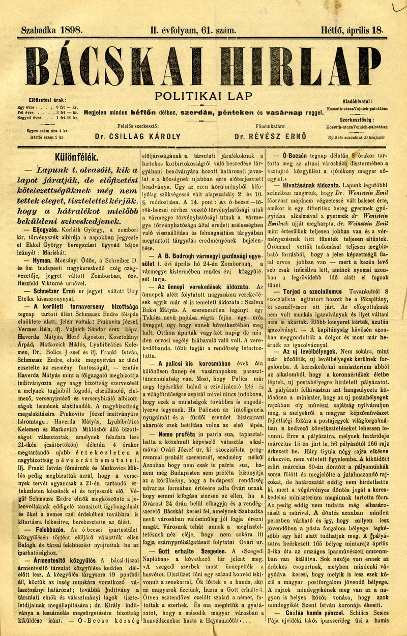 Bácskai Hirlap, 2. évf. 1898. április 18. 61. sz. 1–2. oldal