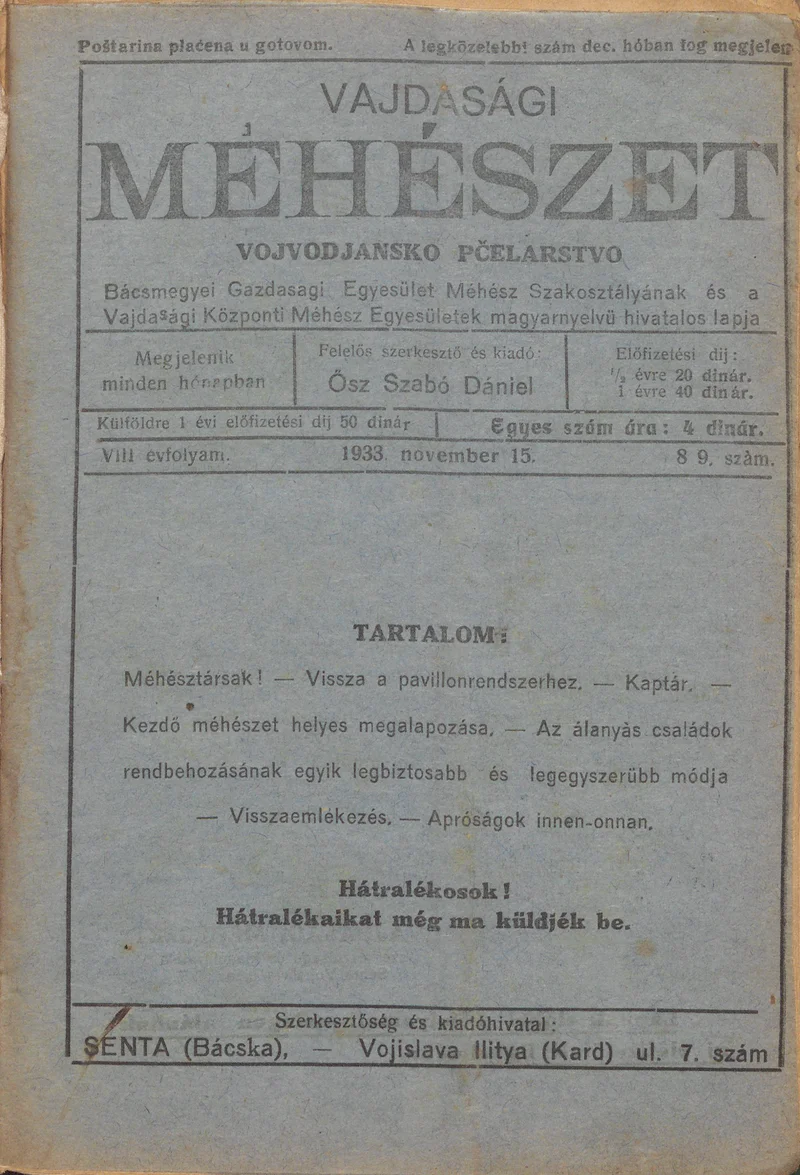 Vajdasági méhészet, 8. évf. 1933. november 15. 8–9. sz.