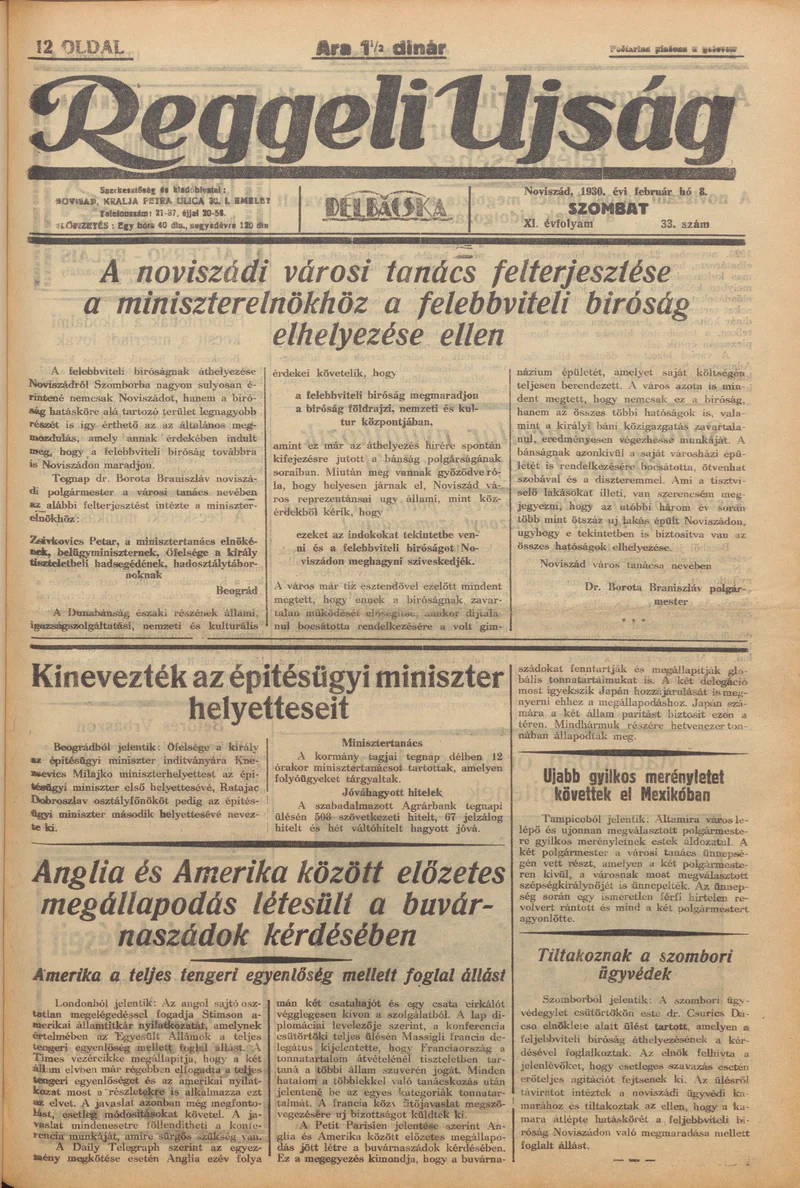 Reggeli Újság, 11. évf. 1930. február 8. 33. sz.