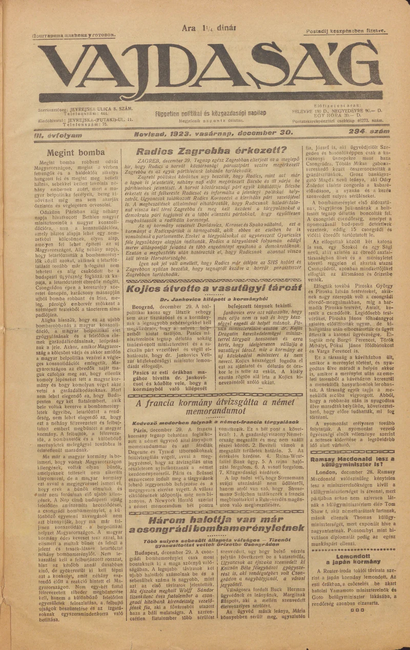 Vajdaság, 3. évf. 1923. december 30. 294. sz.