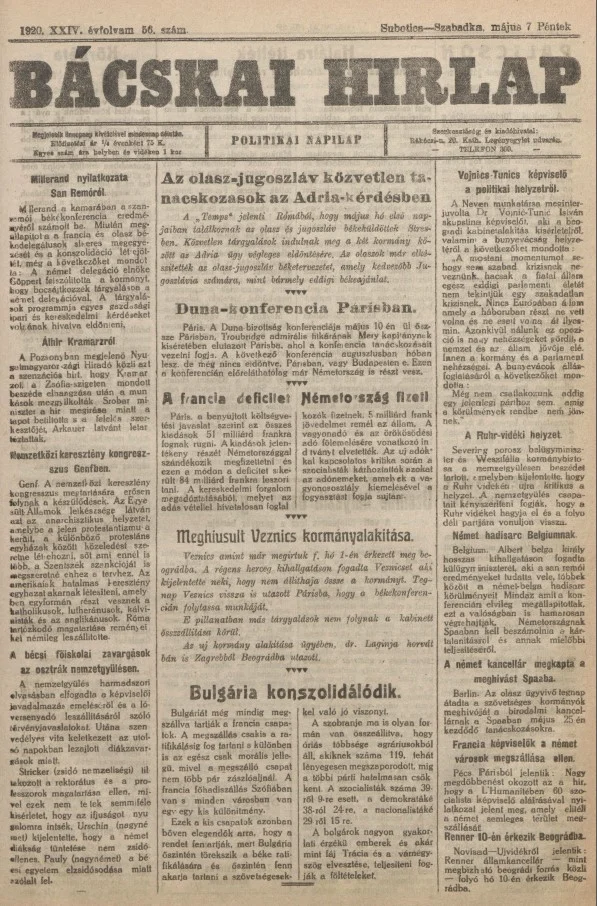 Bácskai Hirlap, 24. évf. 1920. május 7. 56. sz.
