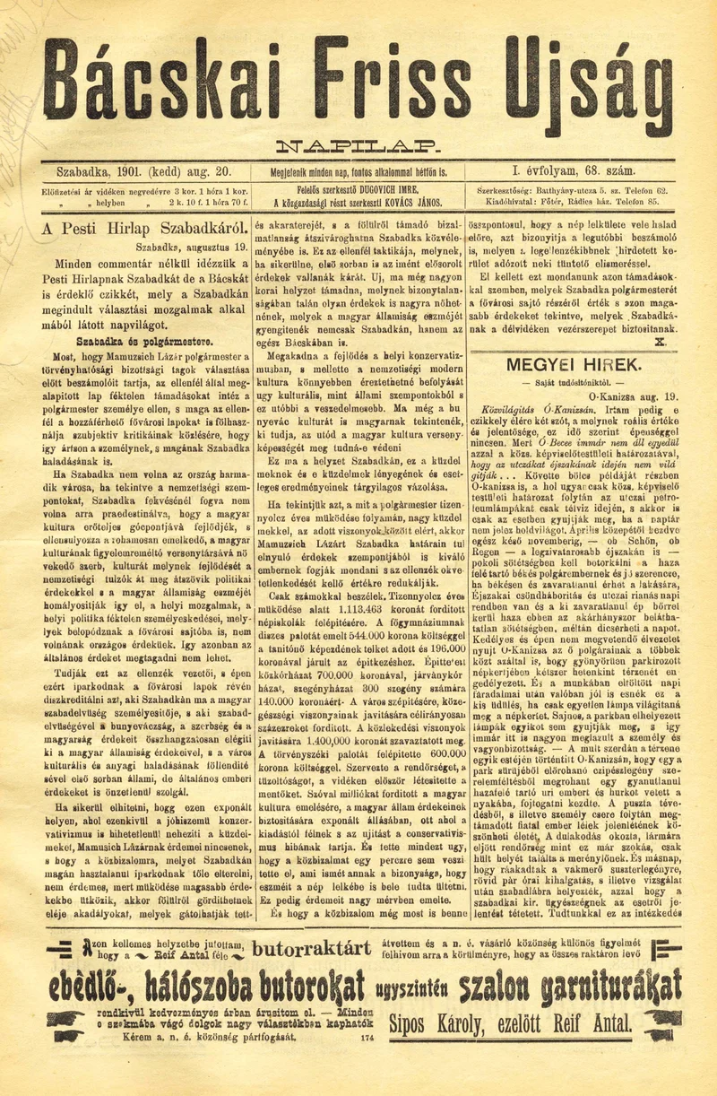 Bácskai Friss Ujság, 1. évf. 1901. augusztus 20. 68. sz.