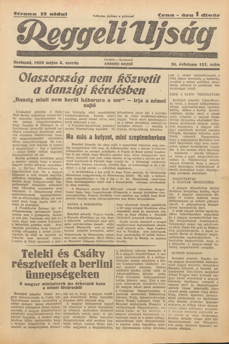 Reggeli Újság, 20. évf. 1939. május 3. 121. sz.