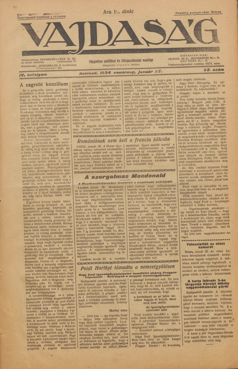 Vajdaság, 4. évf. 1924. január 27. 22. sz.