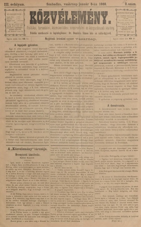Közvélemény, 3. évf. 1888. január 8. 2. sz.