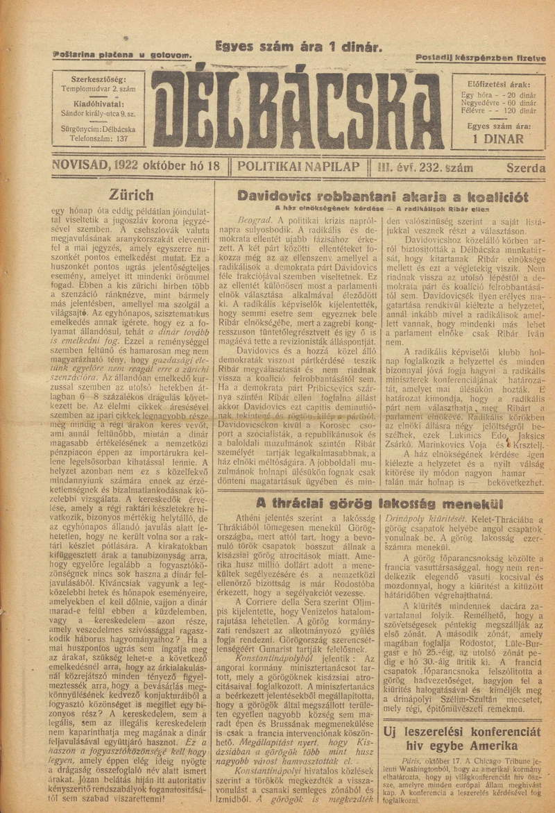 Délbácska, 3. évf. 1922. október 18. 232. sz.