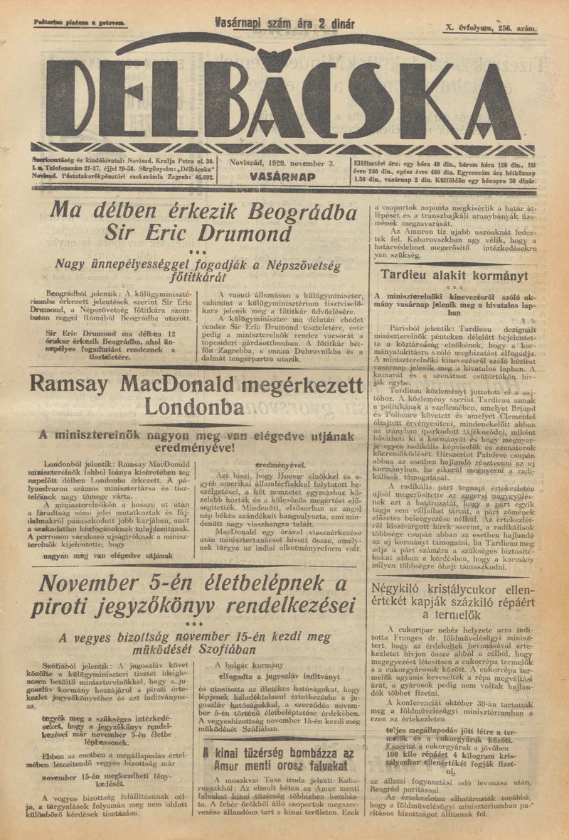 Délbácska, 10. évf. 1929. november 3. 256. sz.