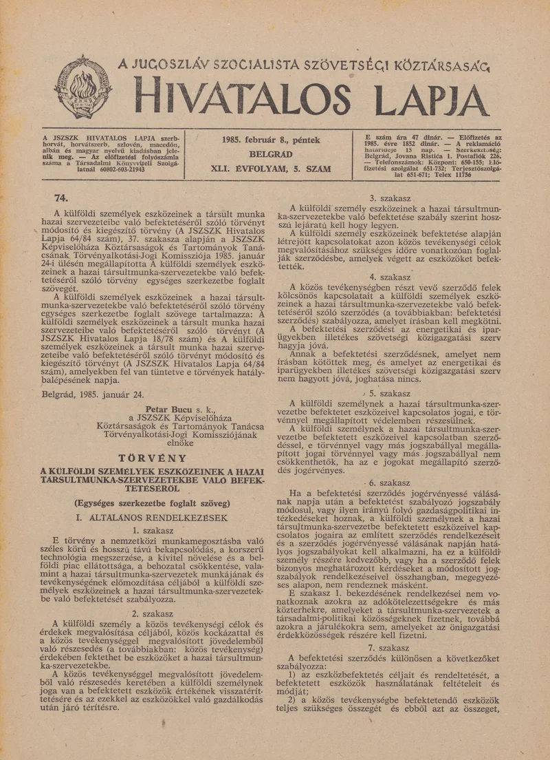 A Jugoszláv Szocialista Szövetségi Köztársaság Hivatalos Lapja, 41. évf. 1985. február 8. 5. sz. 177–220. oldal