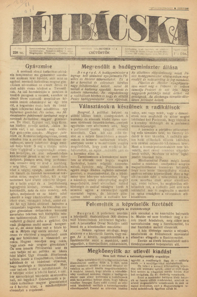 Délbácska, 4. évf. 1923. október 4. 228. sz.