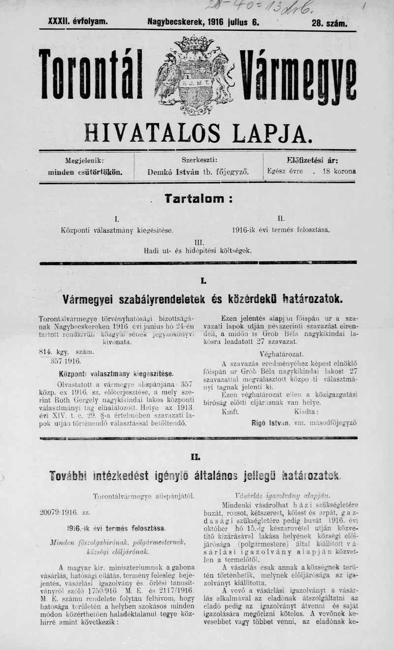 Torontál Vármegye Hivatalos Lapja, 32. évf. 1916. július 6. 28. sz.