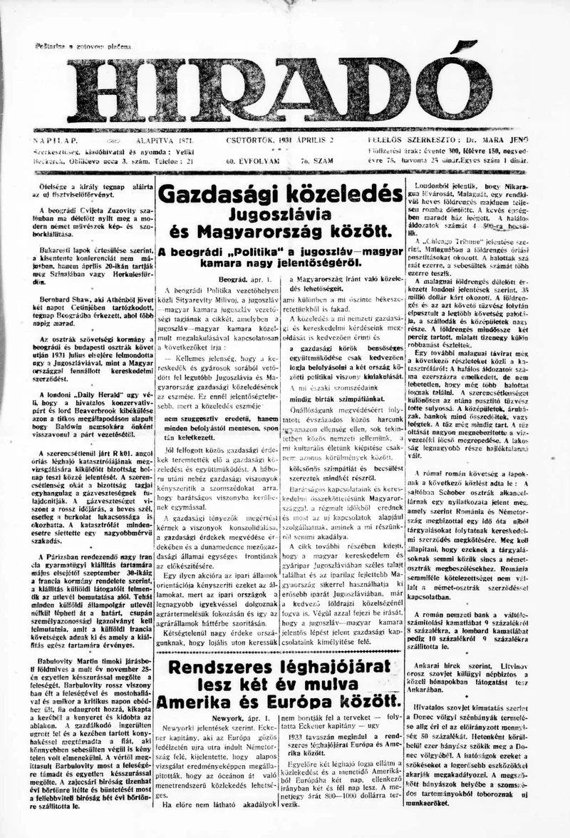 Híradó, 60. évf. 1931. április 2. 76. sz.