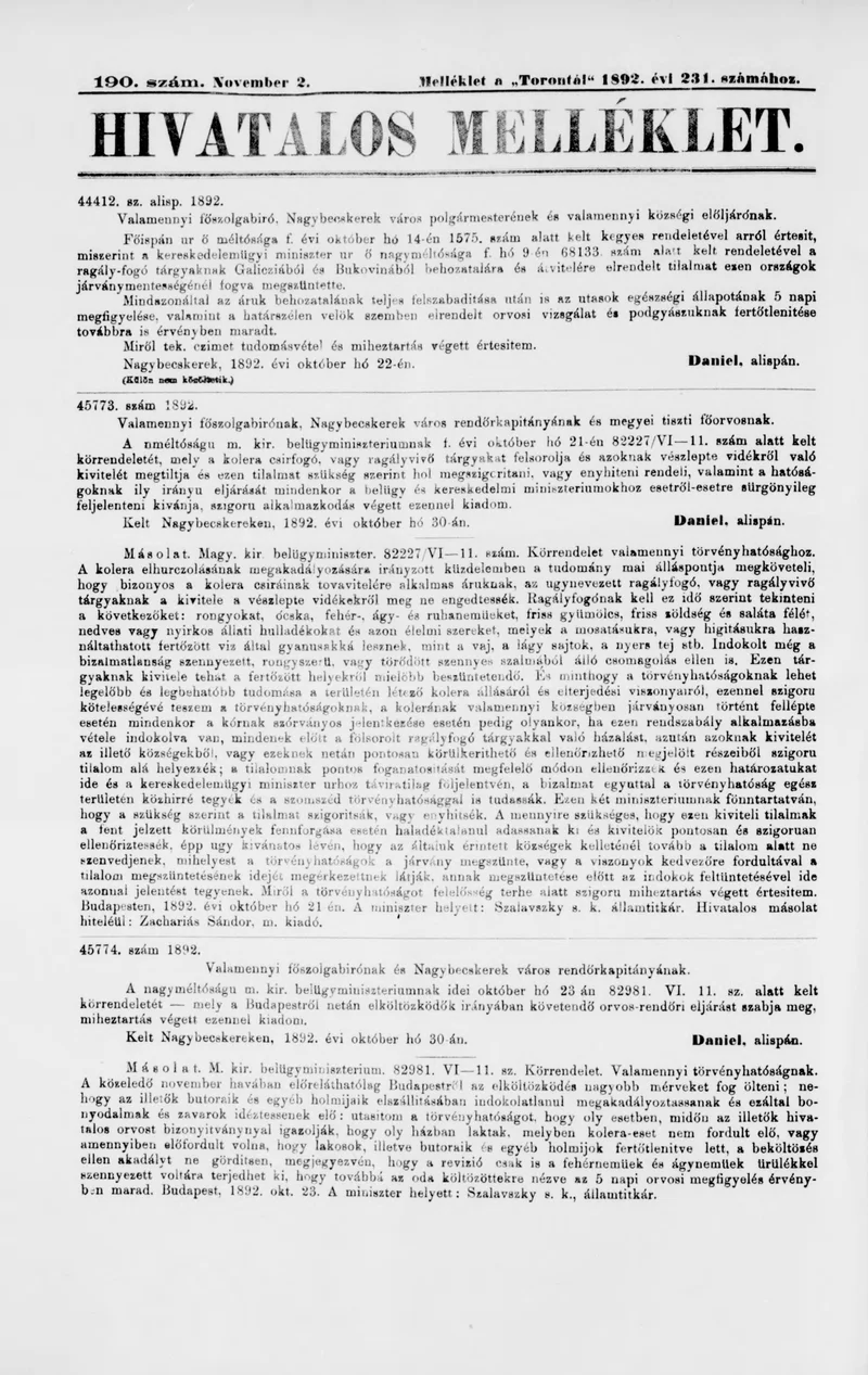 A Totontál  hivatalos melléklete, 5. évf. 1892. november 2. 190. sz.