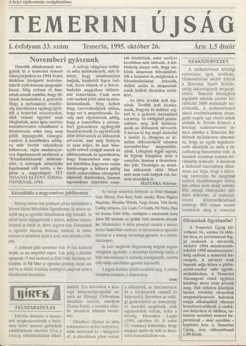 Temerini Újság, 1. évf. 1995. október 26. 33. sz.