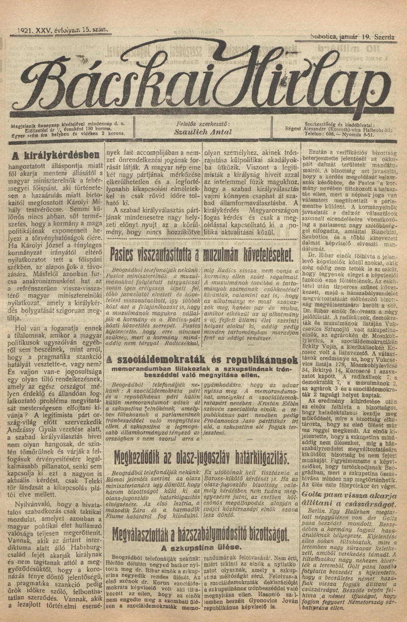 Bácskai Hirlap, 25. évf. 1921. január 19. 15. sz.