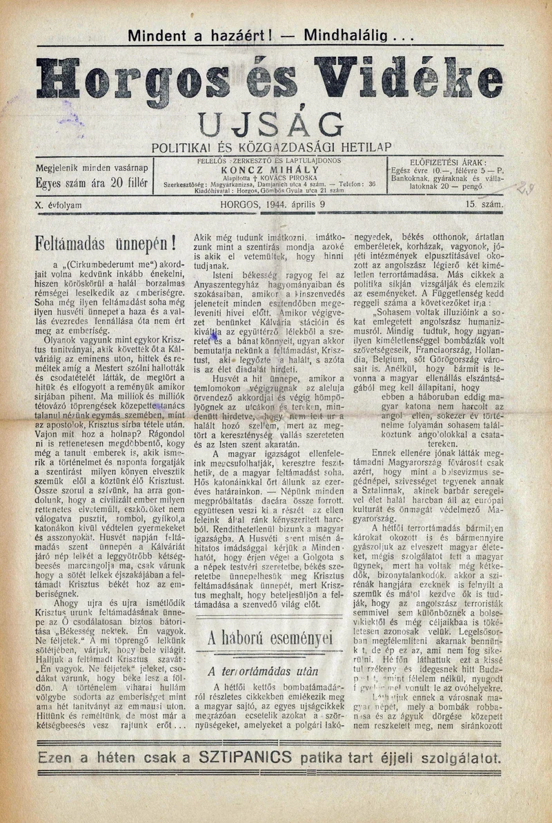 Horgos és vidéke, 9. évf. 1944. április 9. 15. sz.