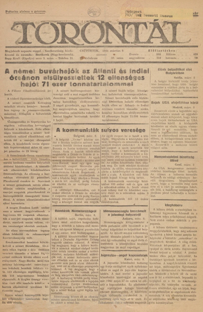 Torontál, 73. évf. 1944. március 9. 57. sz.