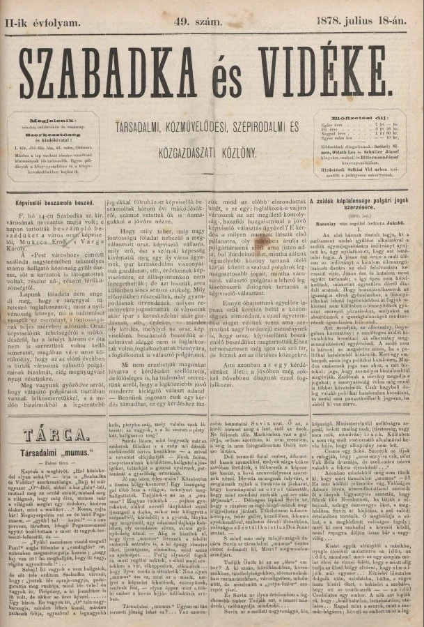 Szabadka és vidéke, 2. évf. 1878. július 18. 49. sz.