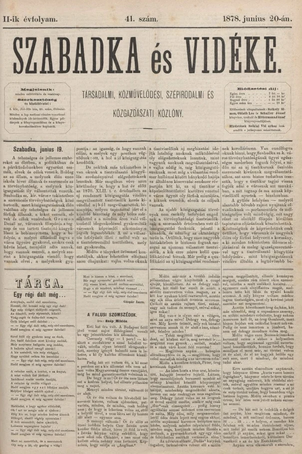 Szabadka és vidéke, 2. évf. 1878. június 20. 41. sz.