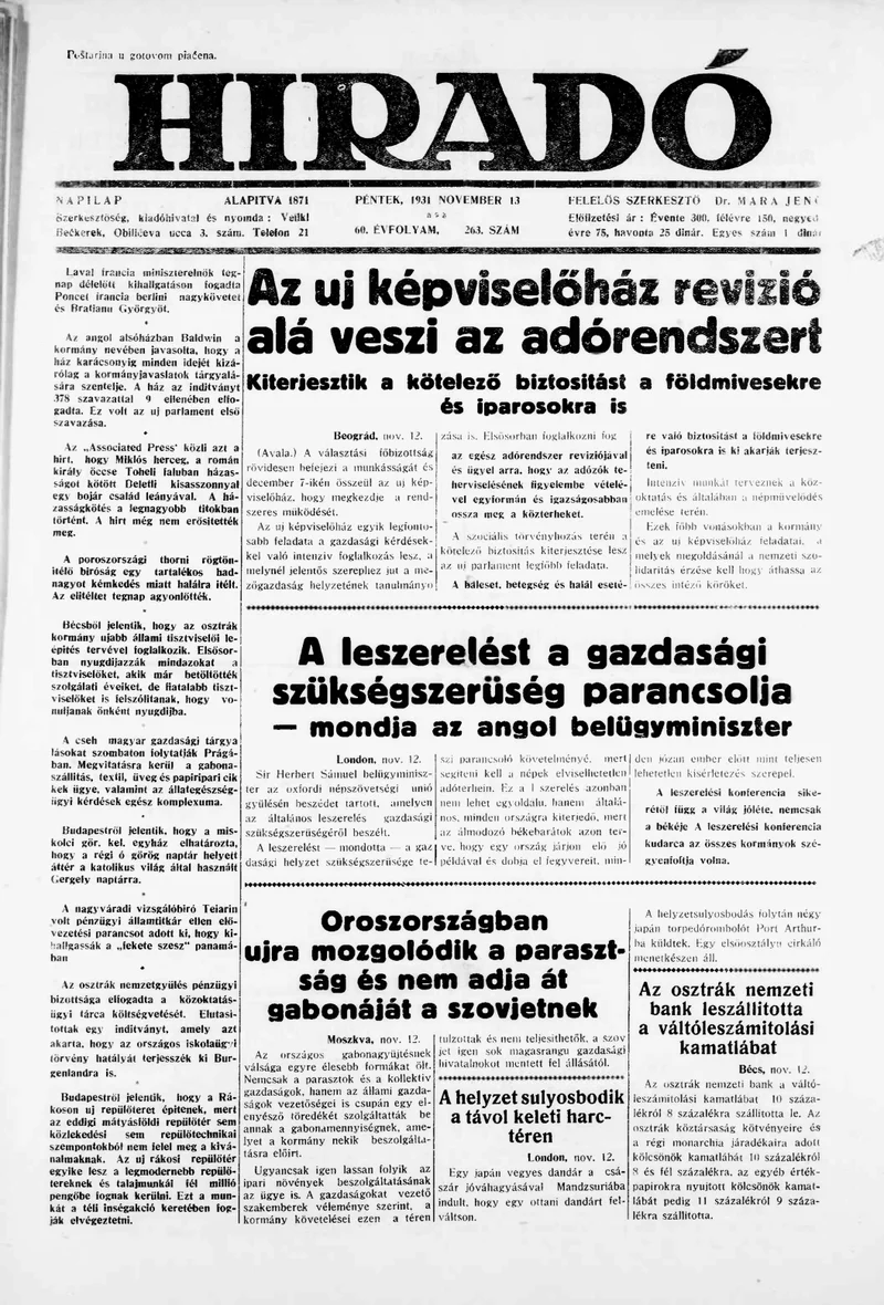 Híradó, 60. évf. 1931. november 13. 263. sz.