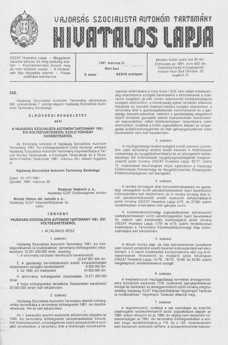 Vajdaság Szocialista Autonóm Tartomány Hivatalos Lapja, 37. évf. 1981. március 31. 8. sz.