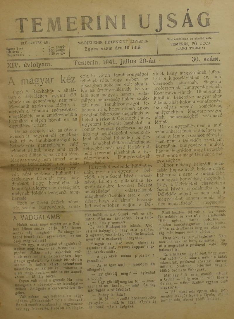 Temerini Újság 1928-1944, 14. évf. 1941. július 20. 30. sz.